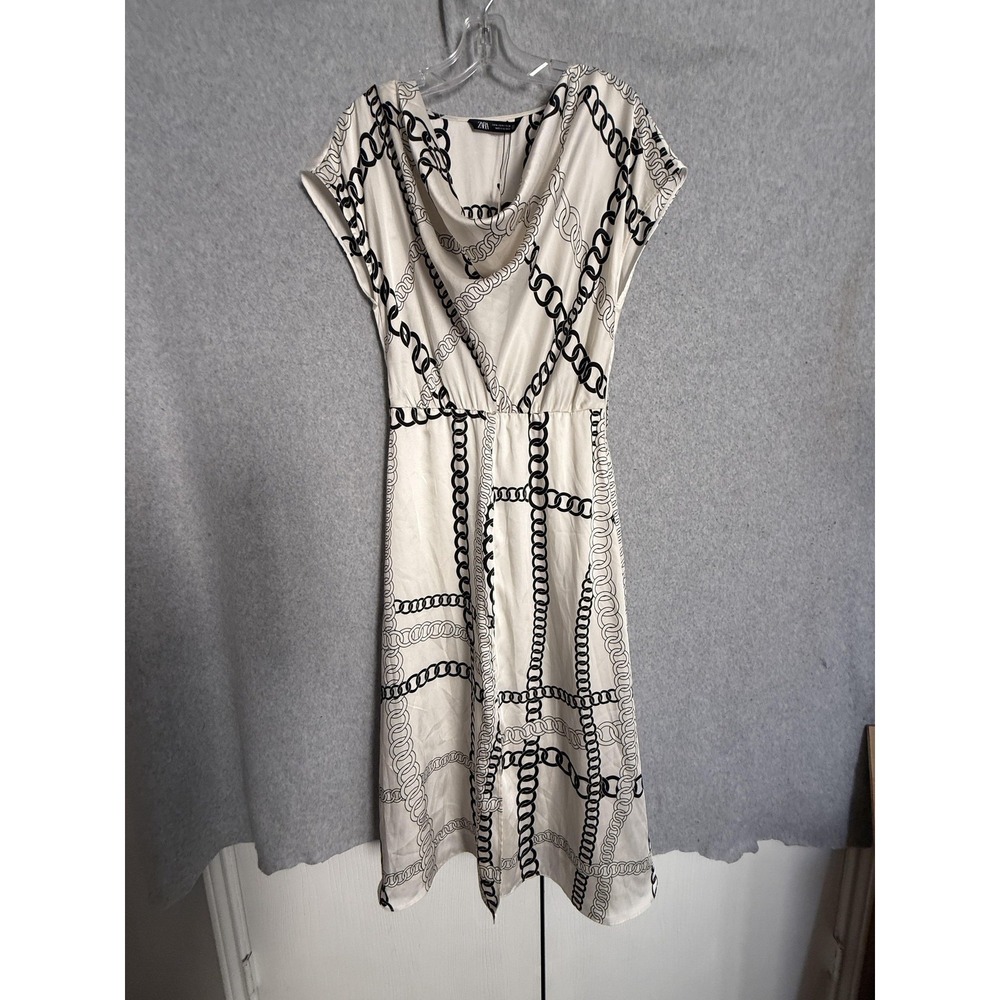 Zara Dress Womens Medium White Chain Satin Cowl Neck Cap Sleeve Fit & Flare Maxi